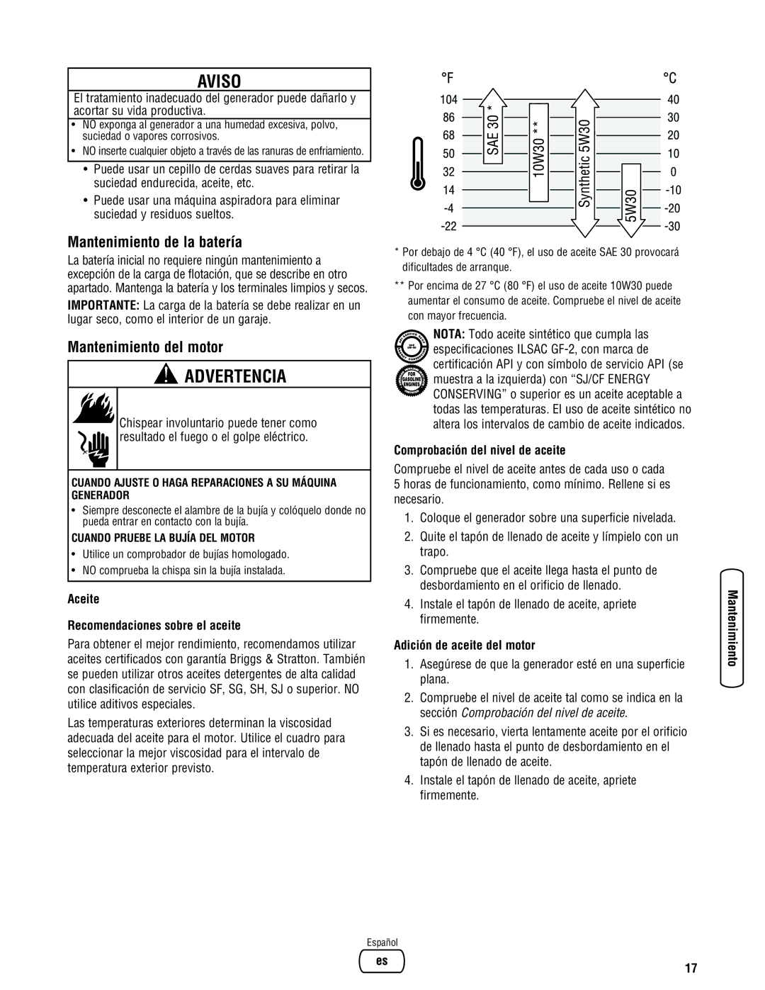 Briggs & Stratton 030242-0 Mantenimiento de la batería, Mantenimiento del motor, Aceite Recomendaciones sobre el aceite 