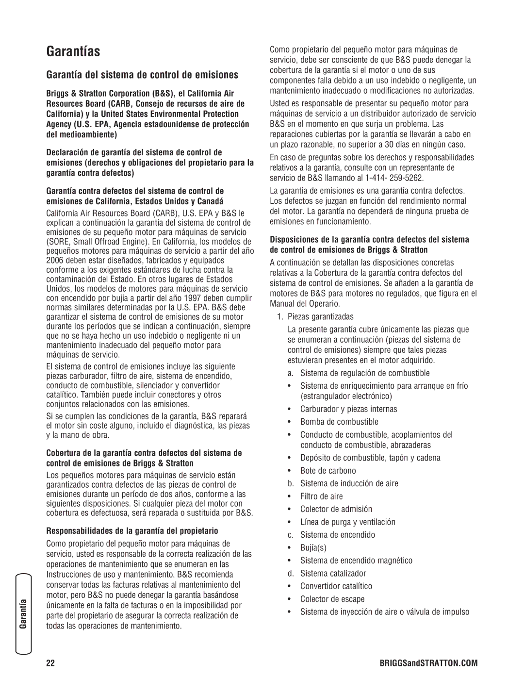 Briggs & Stratton 030242-0 manual Garantías, Garantía del sistema de control de emisiones 