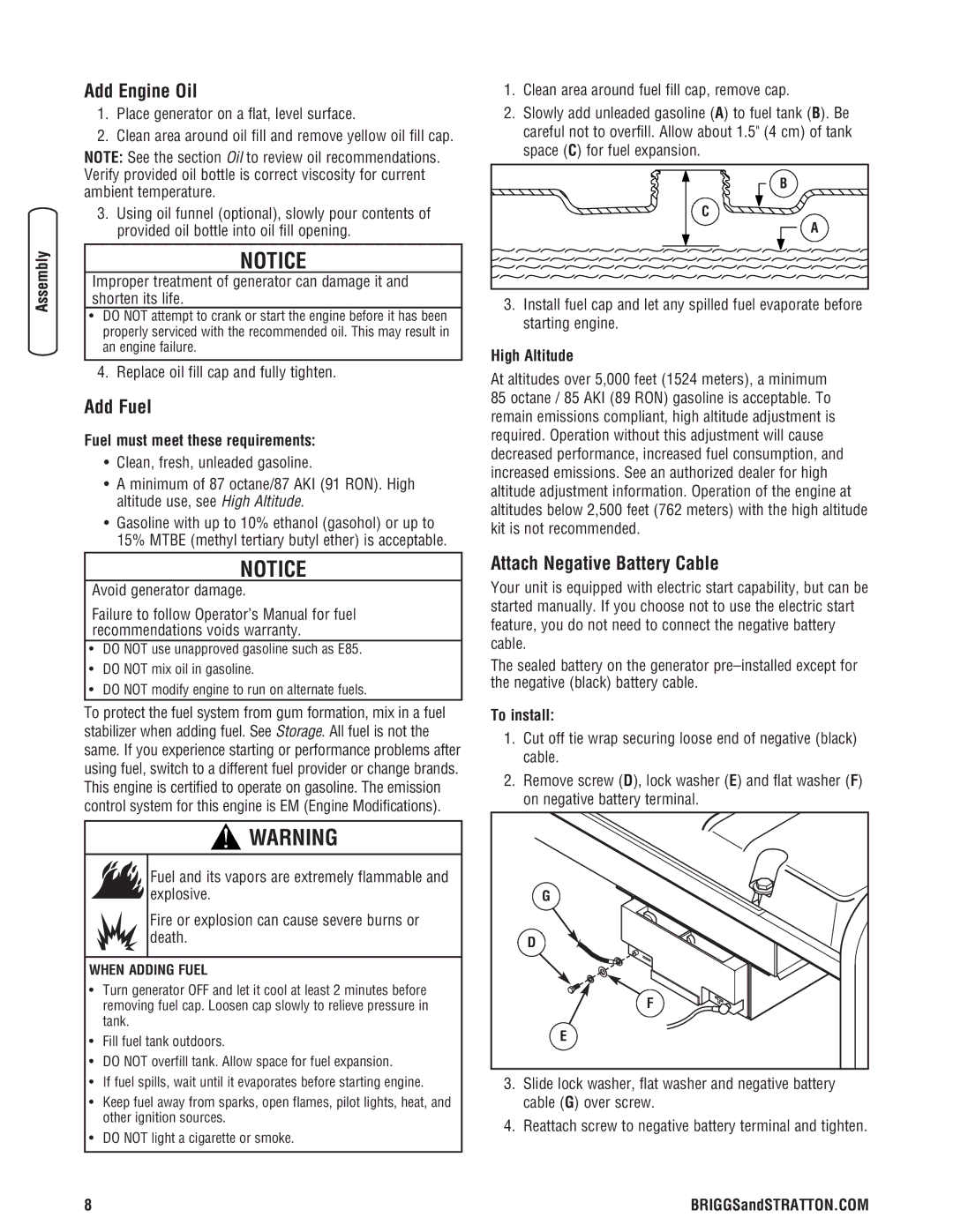 Briggs & Stratton 030242-0 manual Add Engine Oil, Add Fuel, Attach Negative Battery Cable 