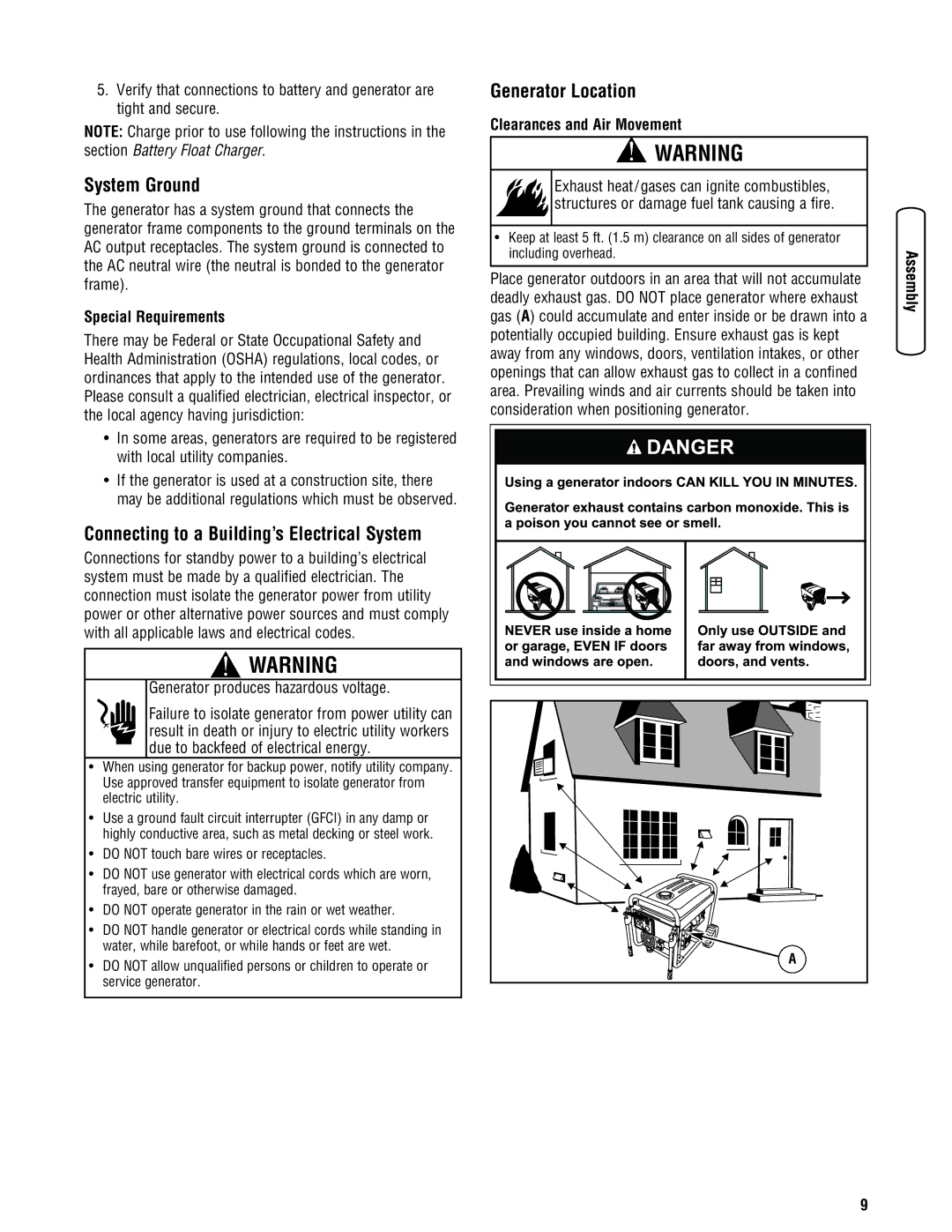 Briggs & Stratton 030242-0 manual System Ground, Connecting to a Building’s Electrical System, Generator Location 