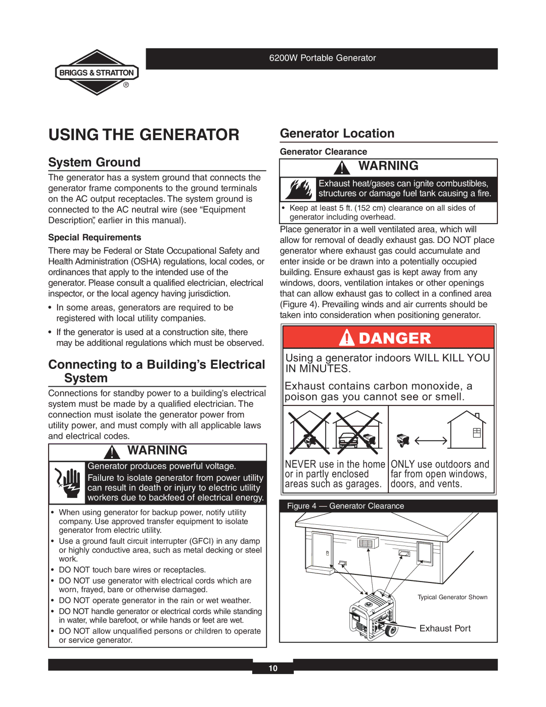 Briggs & Stratton 030242 manual Using the Generator, System Ground, Connecting to a Building’s Electrical System 