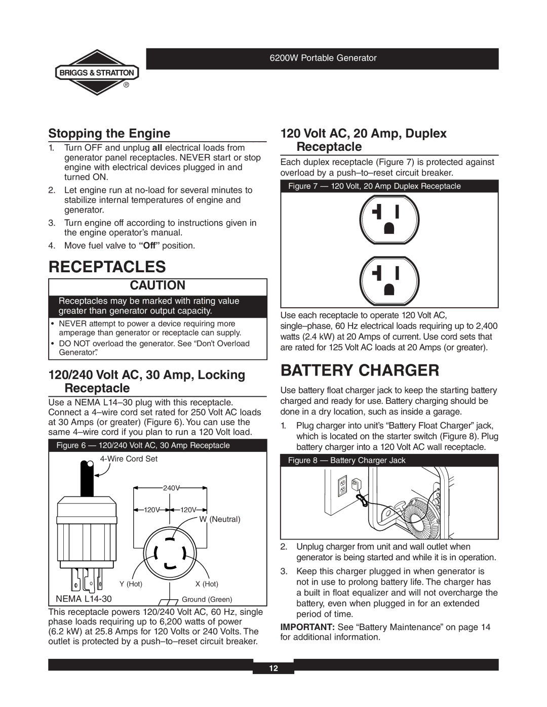 Briggs & Stratton 030242 manual Receptacles, Battery Charger, Stopping the Engine, Volt AC, 20 Amp, Duplex Receptacle 