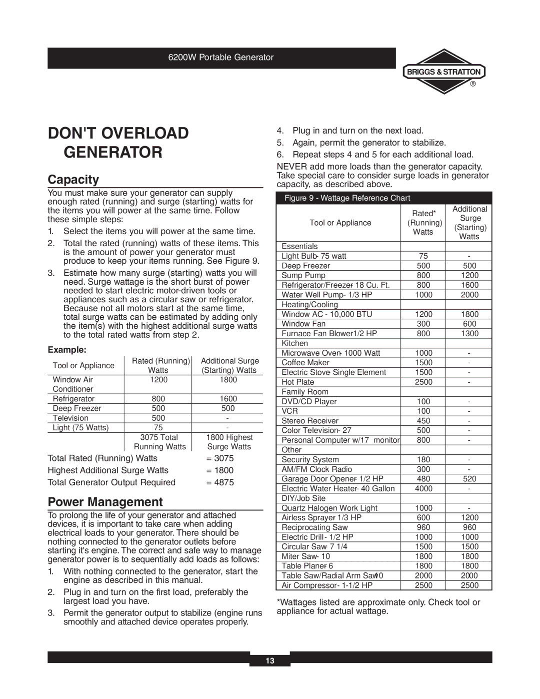 Briggs & Stratton 030242 manual Dont Overload Generator, Capacity, Power Management, Example 