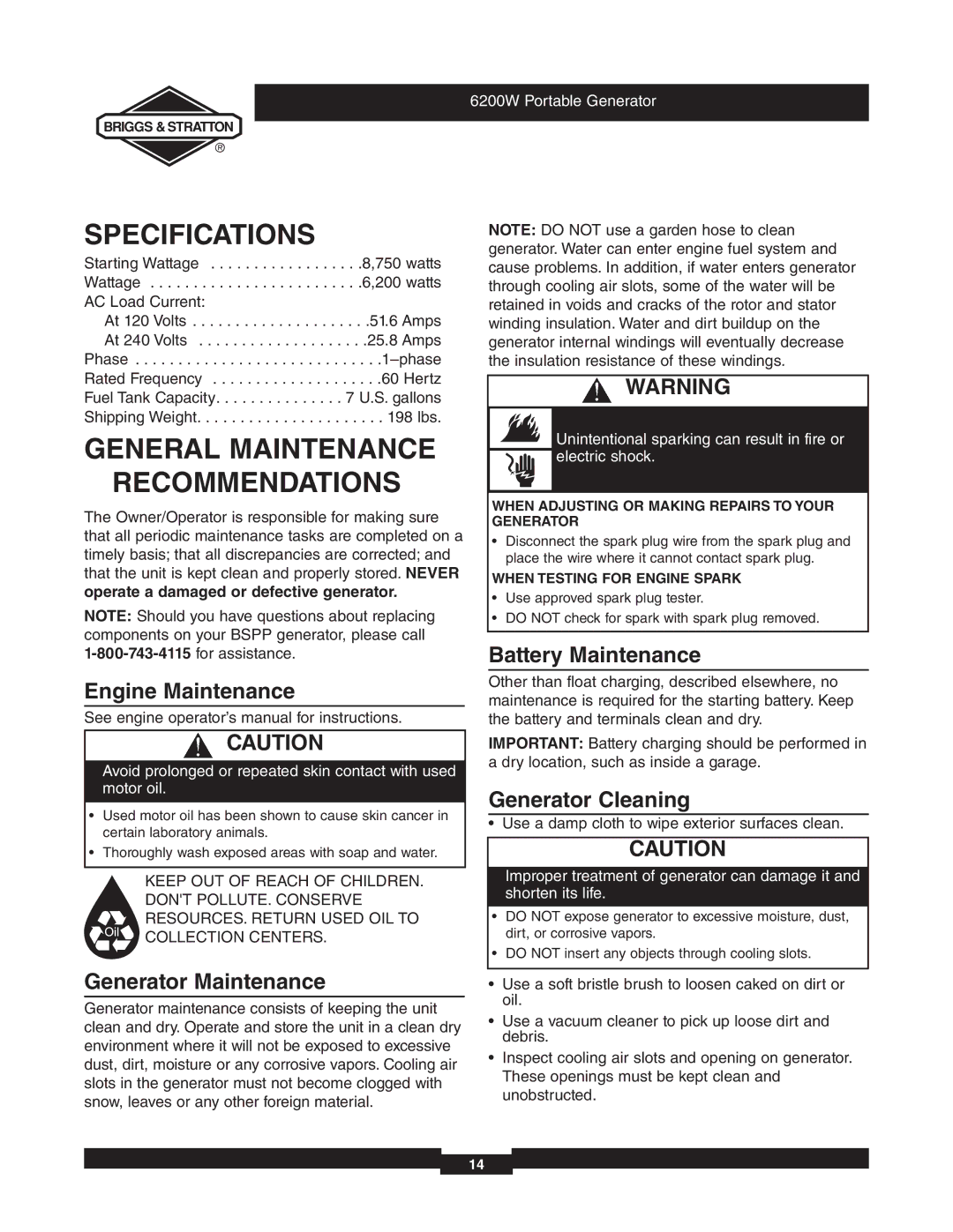 Briggs & Stratton 030242 manual Specifications, General Maintenance Recommendations 