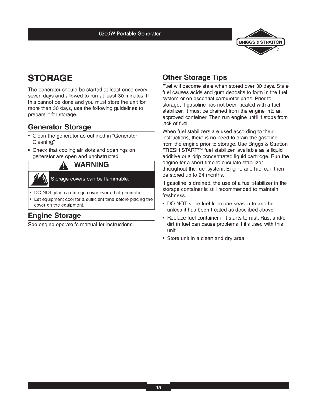 Briggs & Stratton 030242 manual Generator Storage, Engine Storage, Other Storage Tips 