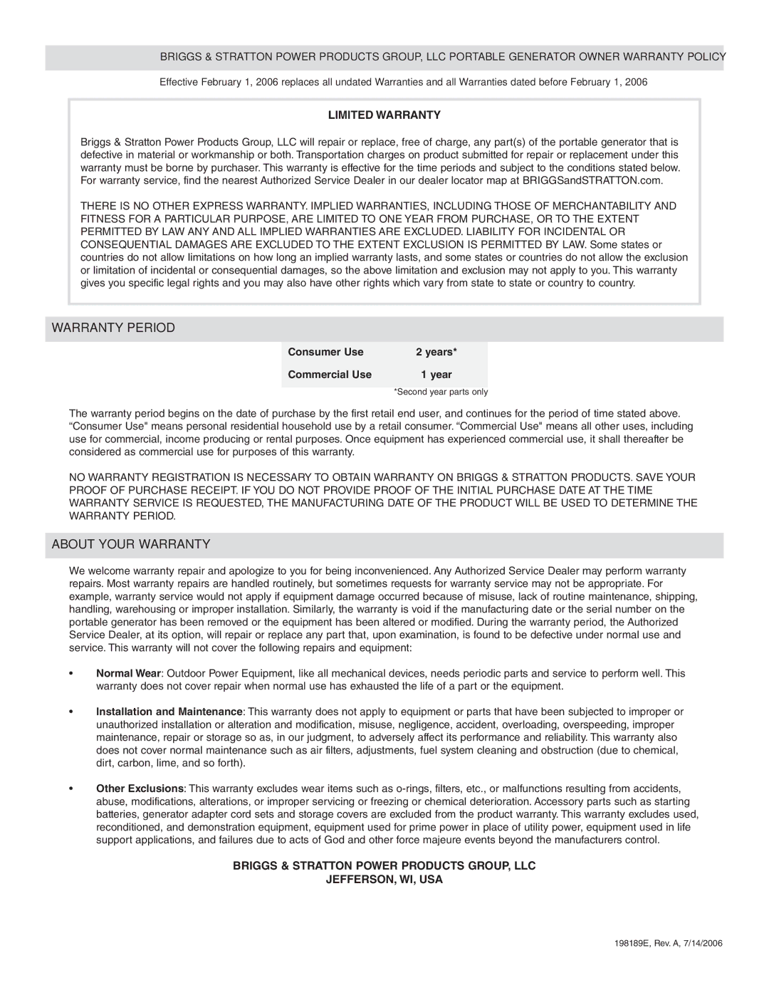 Briggs & Stratton 030242 manual Warranty Period, Limited Warranty 