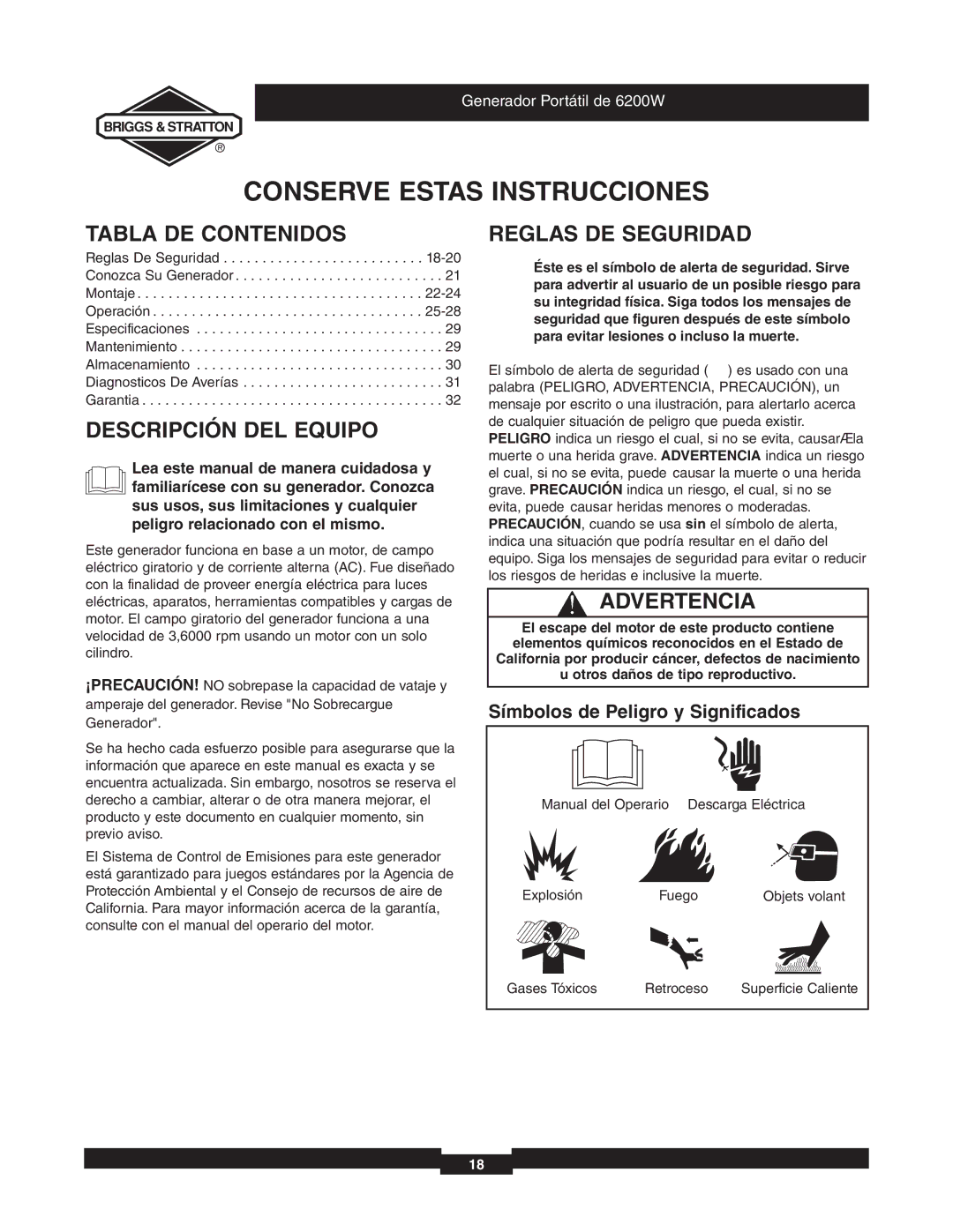 Briggs & Stratton 030242 manual Tabla DE Contenidos, Descripción DEL Equipo, Reglas DE Seguridad, Advertencia 