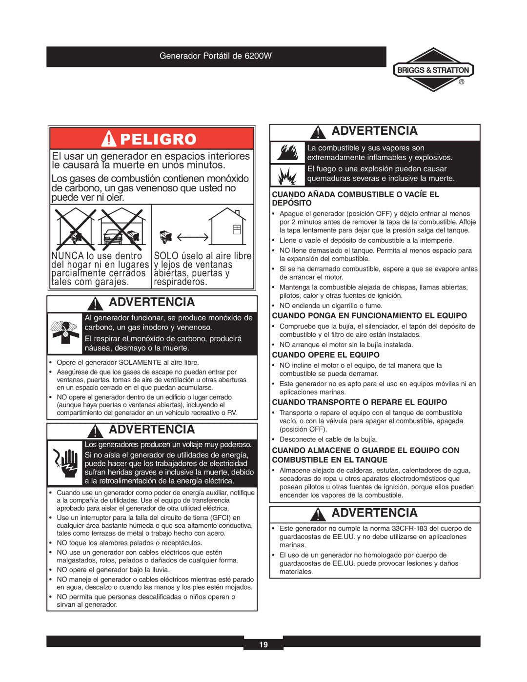 Briggs & Stratton 030242 manual Cuando Añada Combustible O Vacíe EL Depósito, Cuando Ponga EN Funcionamiento EL Equipo 