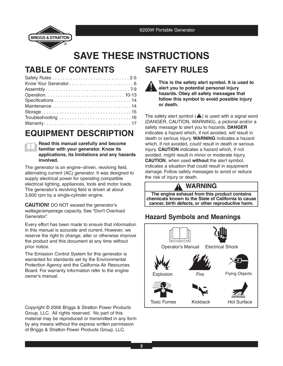 Briggs & Stratton 030242 manual Table of Contents, Equipment Description, Safety Rules 