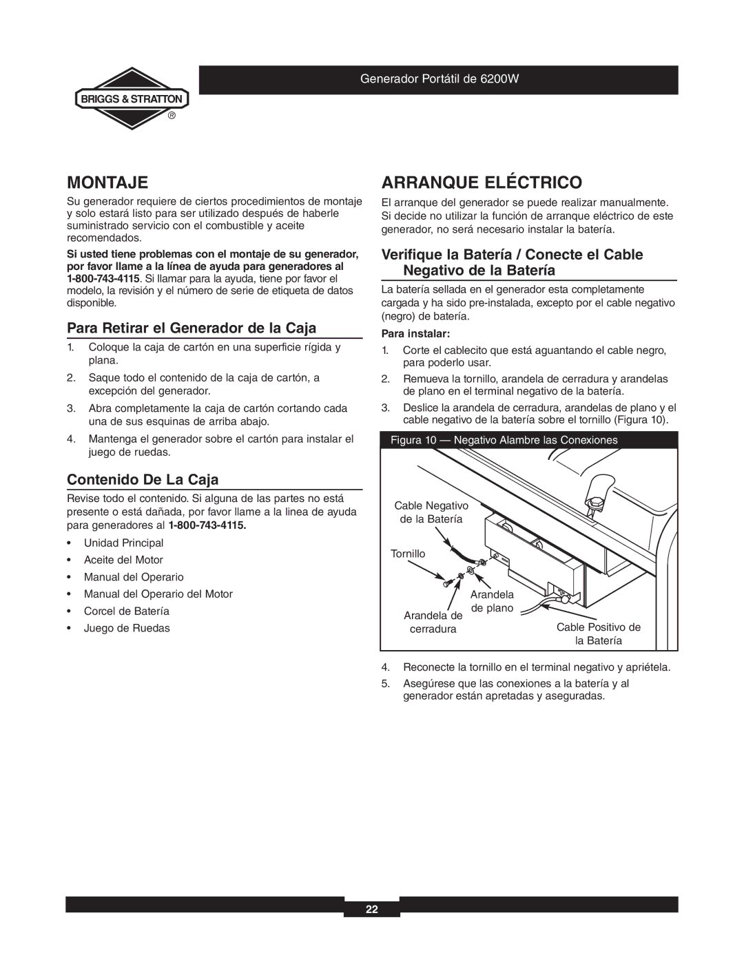 Briggs & Stratton 030242 manual Montaje, Arranque Eléctrico, Para Retirar el Generador de la Caja, Contenido De La Caja 