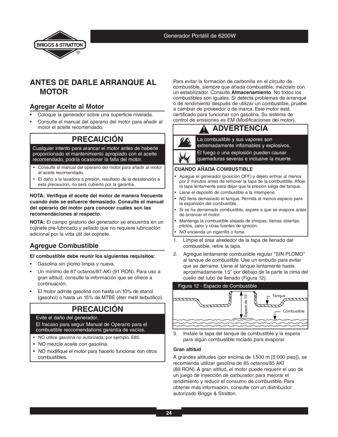 Briggs & Stratton 030242 manual Antes DE Darle Arranque AL, Agregar Aceite al Motor, Agregue Combustible 