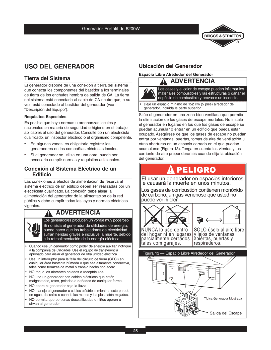 Briggs & Stratton 030242 manual USO DEL Generador, Tierra del Sistema, Ubicación del Generador 