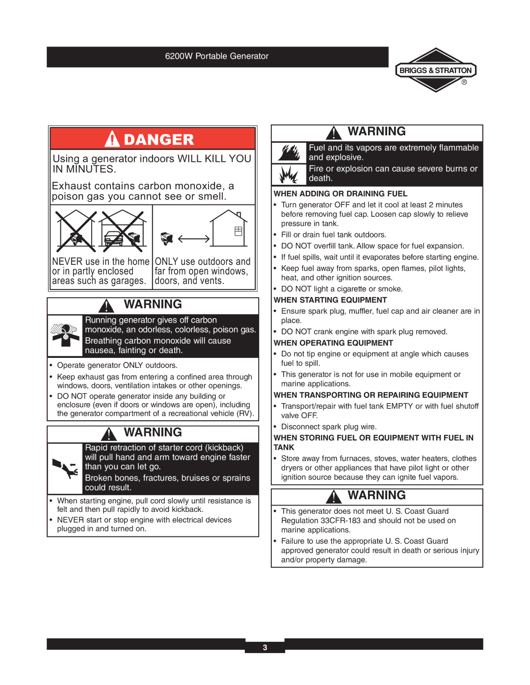 Briggs & Stratton 030242 manual When Adding or Draining Fuel, When Starting Equipment, When Operating Equipment 