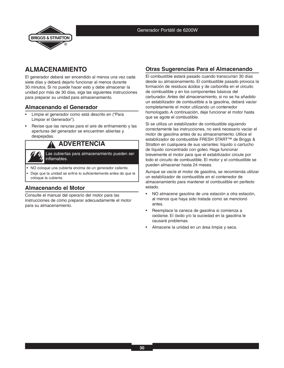 Briggs & Stratton 030242 manual Almacenamiento, Almacenando el Generador, Almacenando el Motor 