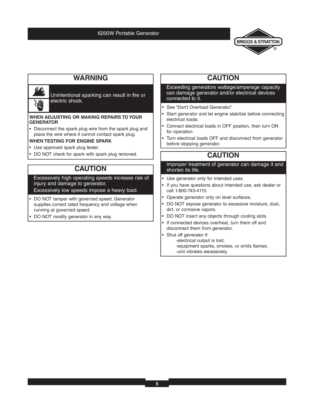 Briggs & Stratton 030242 manual When Adjusting or Making Repairs to Your Generator, When Testing for Engine Spark 