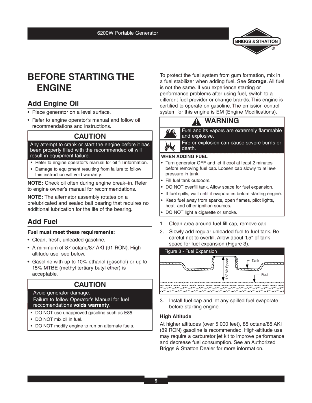 Briggs & Stratton 030242 manual Before Starting the Engine, Add Engine Oil, Add Fuel, Fuel must meet these requirements 