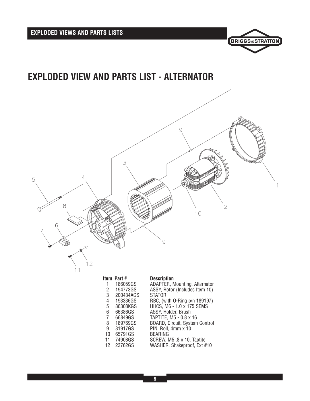 Briggs & Stratton 030244-02 manual Exploded View And Parts List - Alternator, 1 186059GS, Exploded Views And Parts Lists 