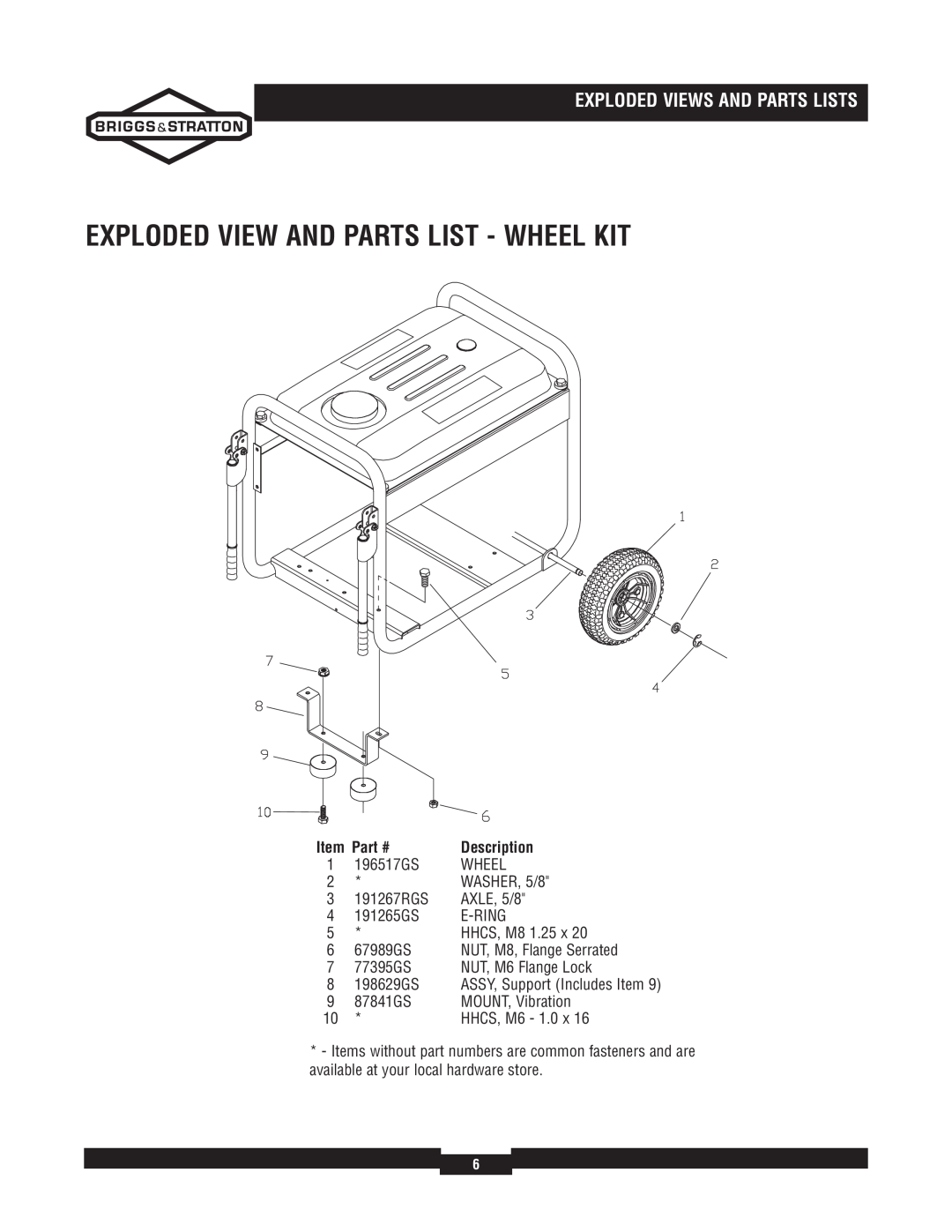 Briggs & Stratton 030244-02 manual Exploded View And Parts List - Wheel Kit, Exploded Views And Parts Lists, Item Part # 
