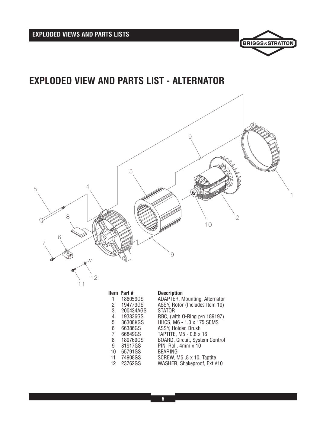 Briggs & Stratton 030244-02 manual Exploded View and Parts List Alternator, 186059GS 