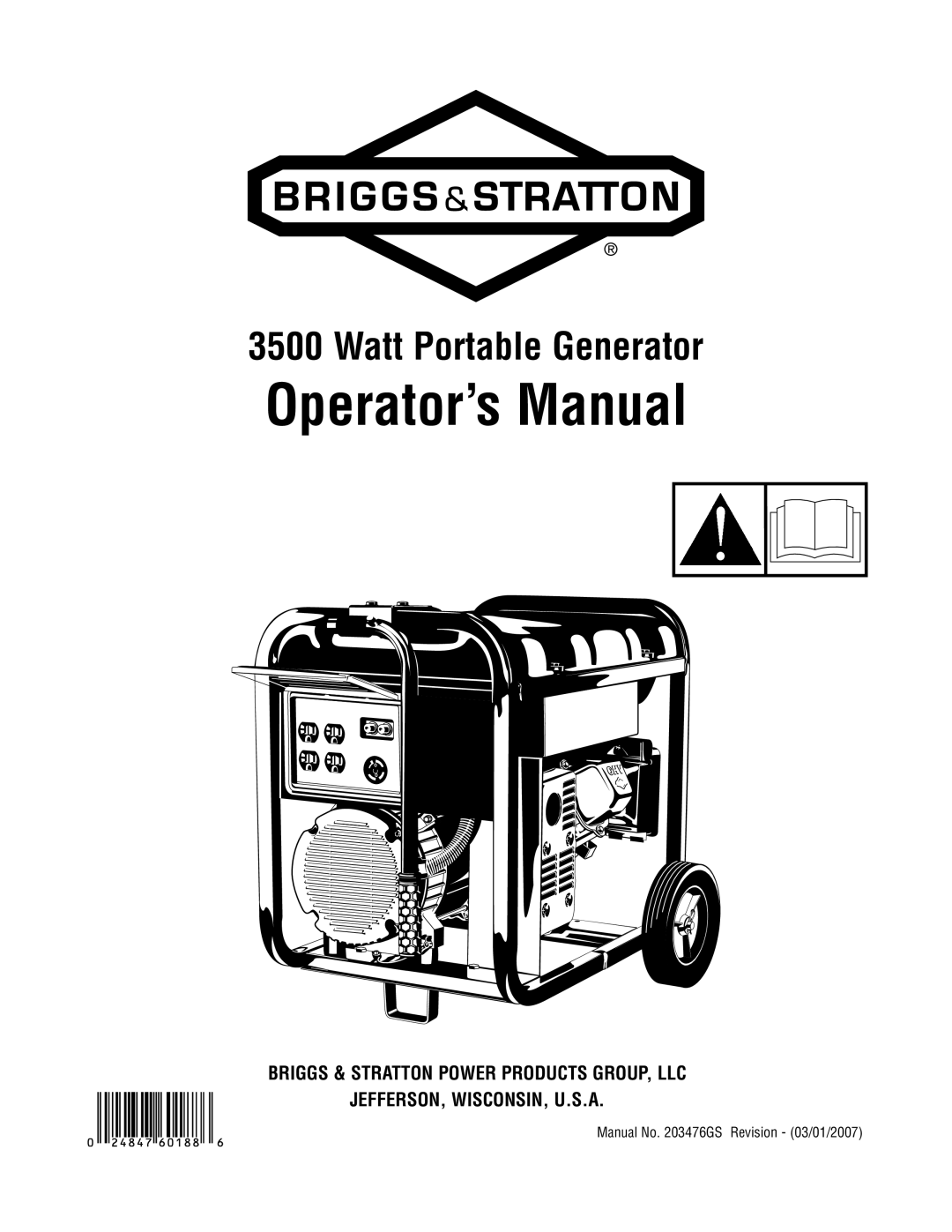 Briggs & Stratton 030248-0 manual Operator’s Manual, Watt Portable Generator, Briggs & Stratton Power Products Group, Llc 
