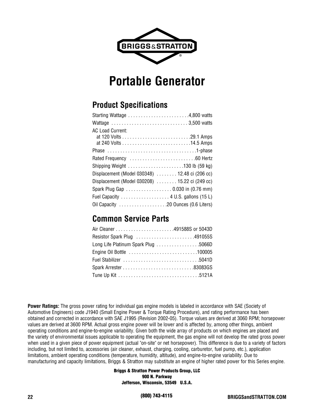 Briggs & Stratton 030248-0 manual Portable Generator, Product Specifications, Common Service Parts 
