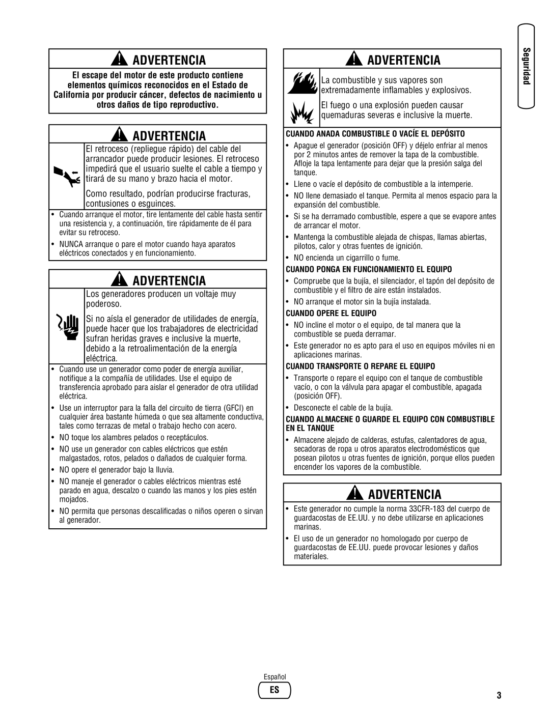 Briggs & Stratton 030248-0 manual Advertencia, Cuando Anada Combustible O Vacíe El Depósito, Cuando Opere El Equipo 