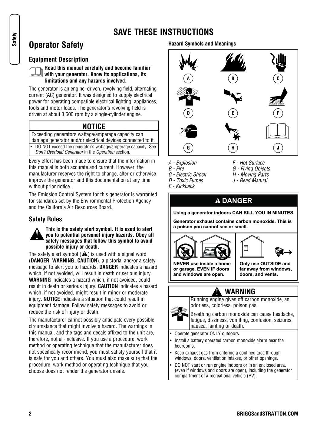 Briggs & Stratton 030248-0 manual Save These Instructions, Operator Safety, Equipment Description, Safety Rules 