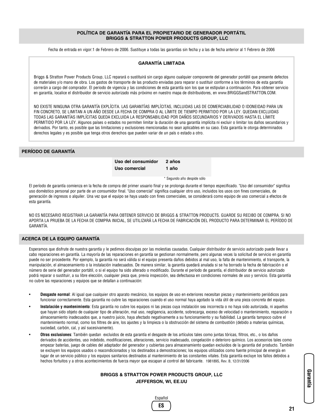 Briggs & Stratton 030248-0 manual Política De Garantía Para El Propietario De Generador Portátil, Garantía Limitada, 2 años 