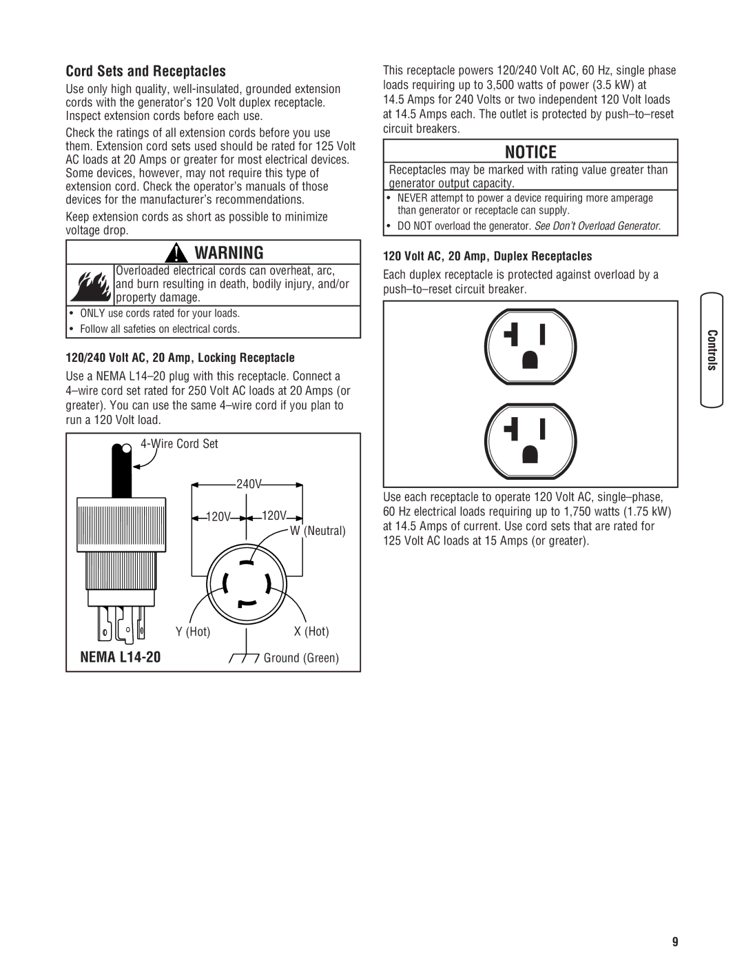 Briggs & Stratton 030248-0 manual Cord Sets and Receptacles, Nema L14-20, 120/240 Volt AC, 20 Amp, Locking Receptacle 