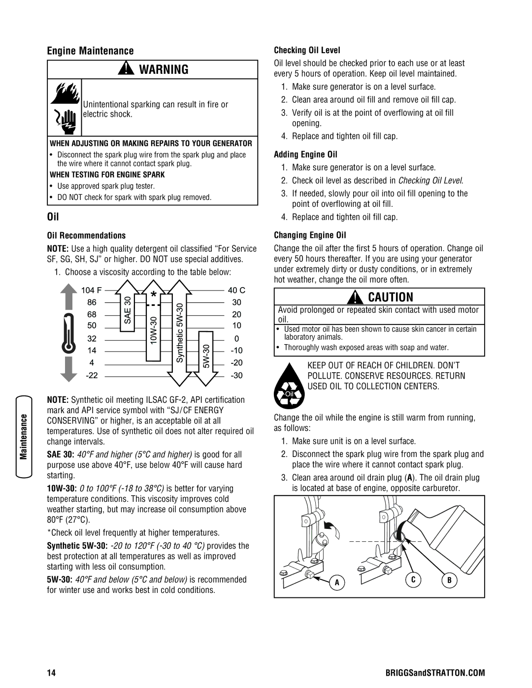 Briggs & Stratton 030248-0 manual Engine Maintenance, Oil 