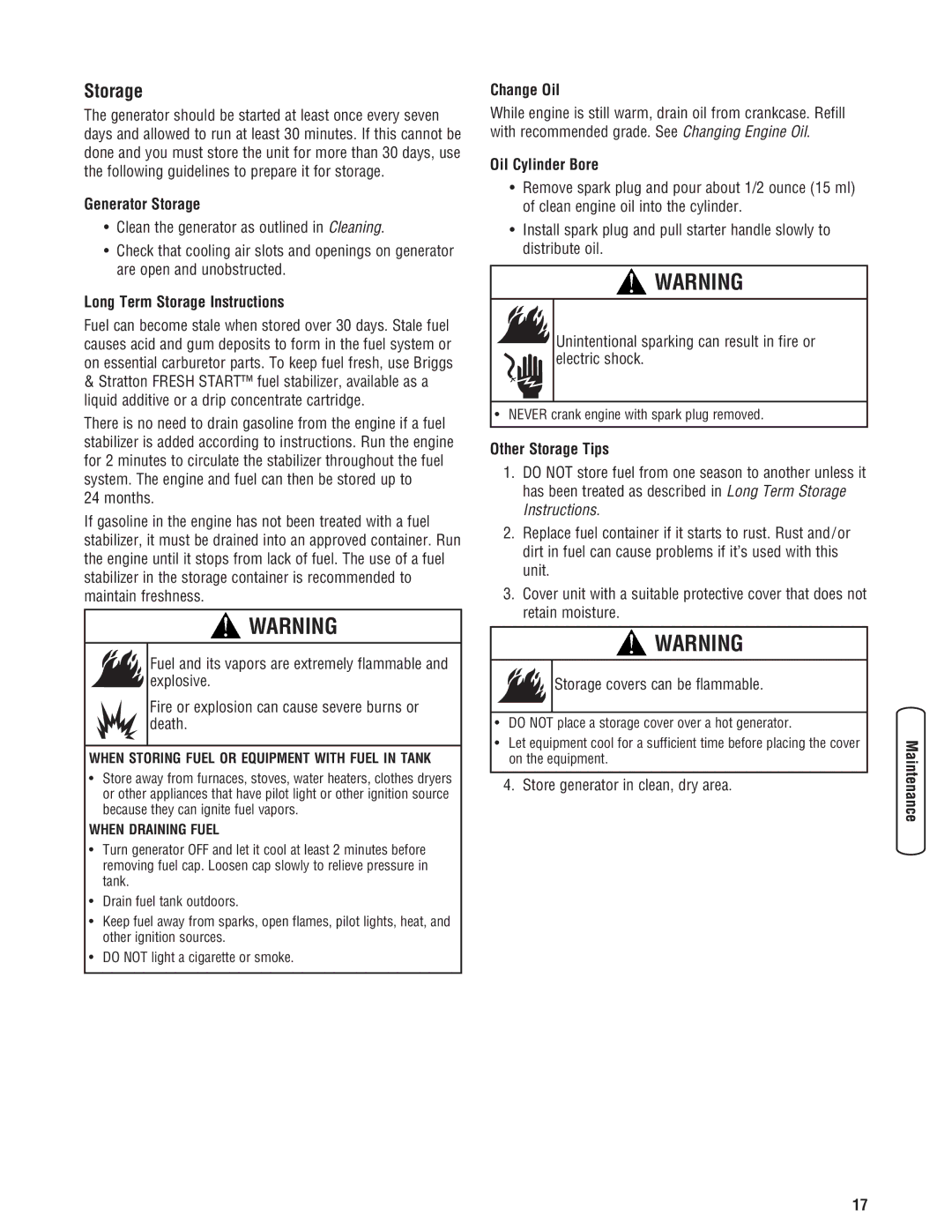 Briggs & Stratton 030248-0 manual Storage 