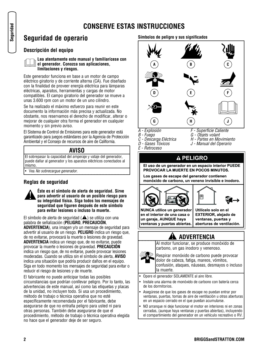 Briggs & Stratton 030248-0 manual Seguridad de operario, Descripción del equipo, Reglas de seguridad 