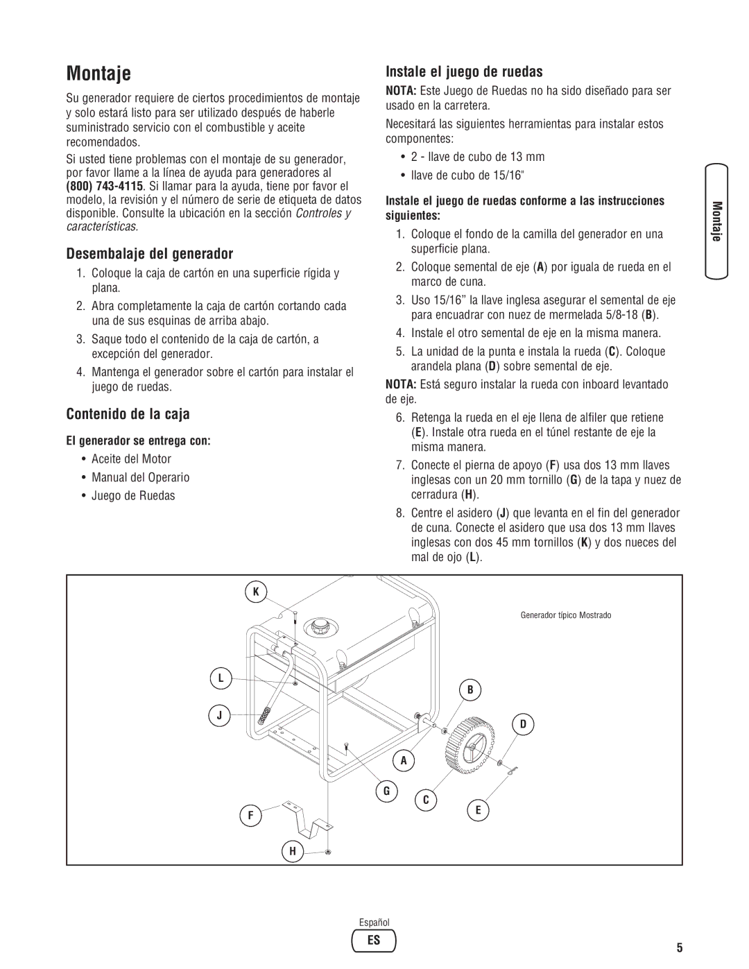 Briggs & Stratton 030248-0 manual Montaje, Desembalaje del generador, Instale el juego de ruedas, Contenido de la caja 