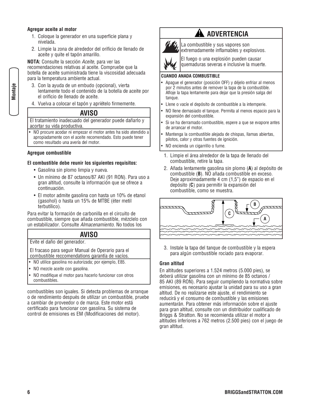 Briggs & Stratton 030248-0 Agregar aceite al motor, Evite el daño del generador, Gran altitud, Cuando Anada Combustible 