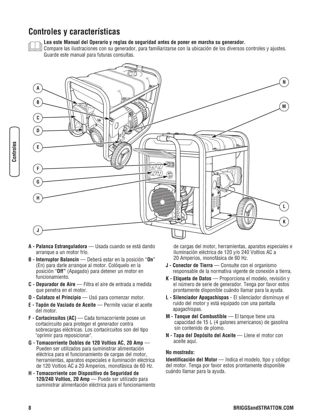 Briggs & Stratton 030248-0 manual Controles y características, Amperios, monofásica de 60 Hz 