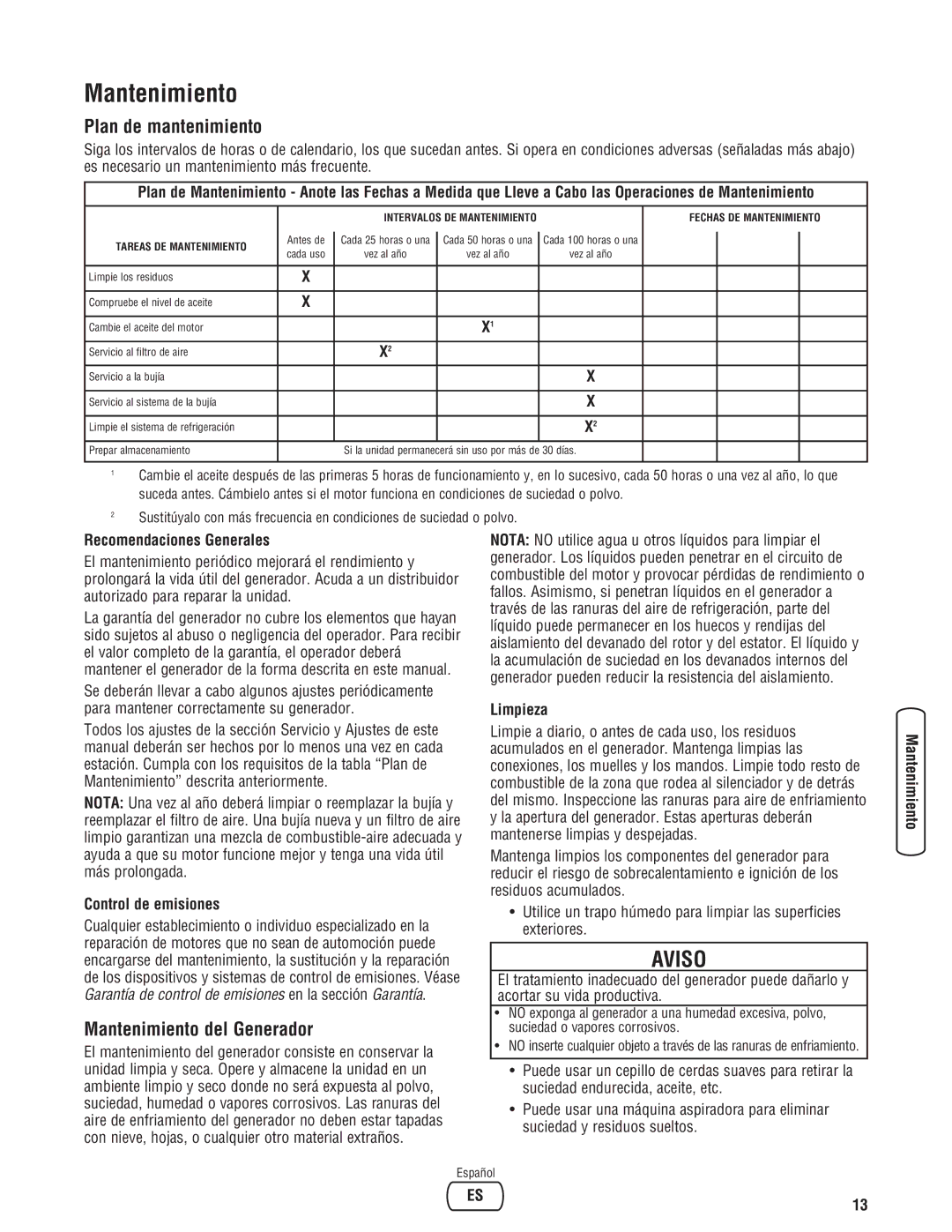 Briggs & Stratton 030248-0 manual Plan de mantenimiento, Mantenimiento del Generador 