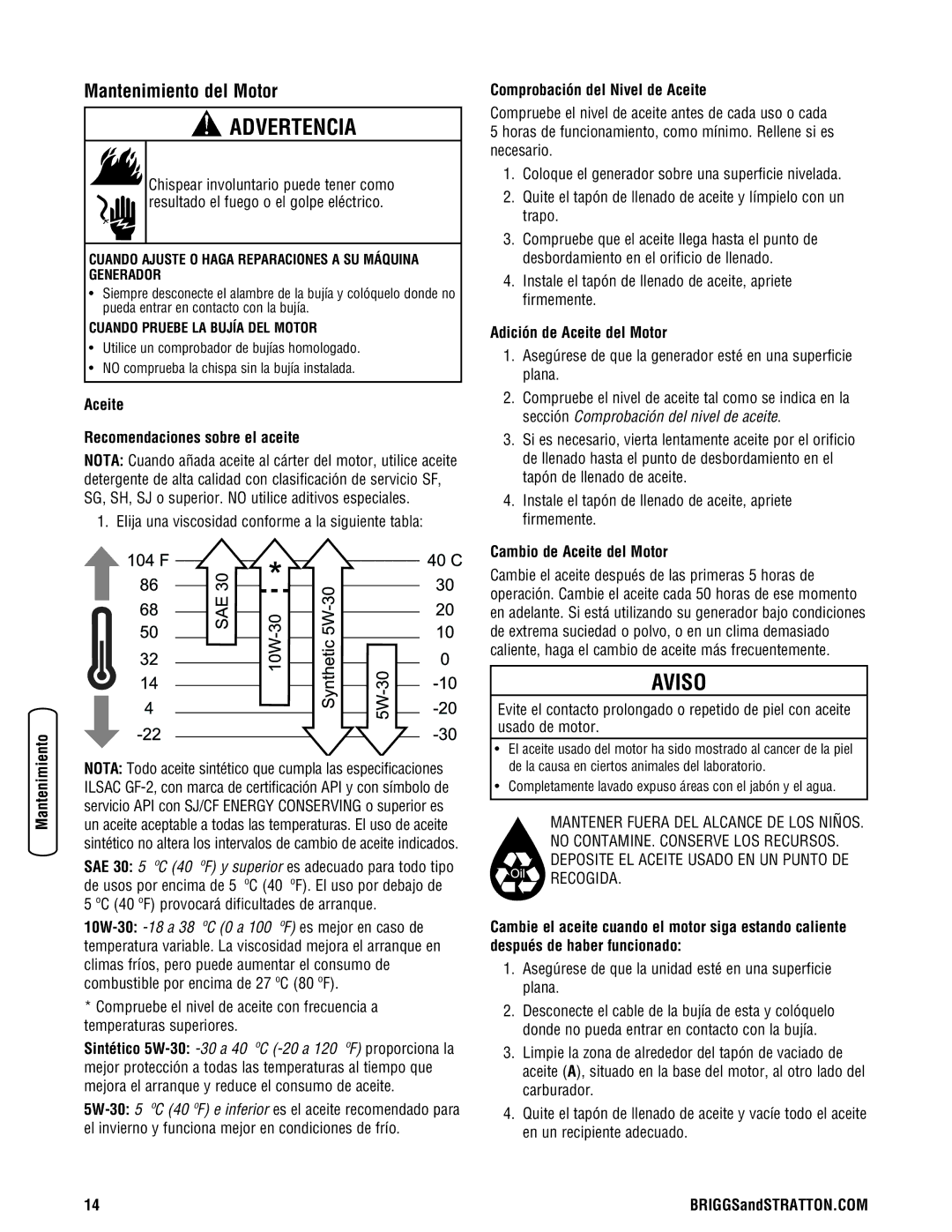 Briggs & Stratton 030248-0 Mantenimiento del Motor, Aceite Recomendaciones sobre el aceite, Adición de Aceite del Motor 