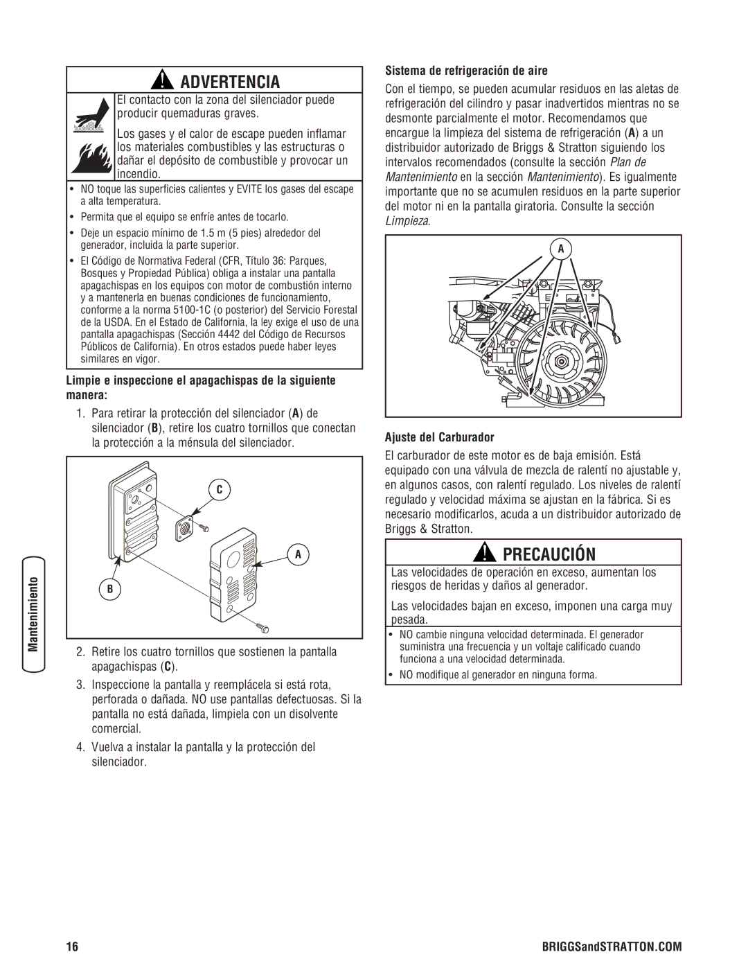 Briggs & Stratton 030248-0 Limpie e inspeccione el apagachispas de la siguiente manera, Sistema de refrigeración de aire 