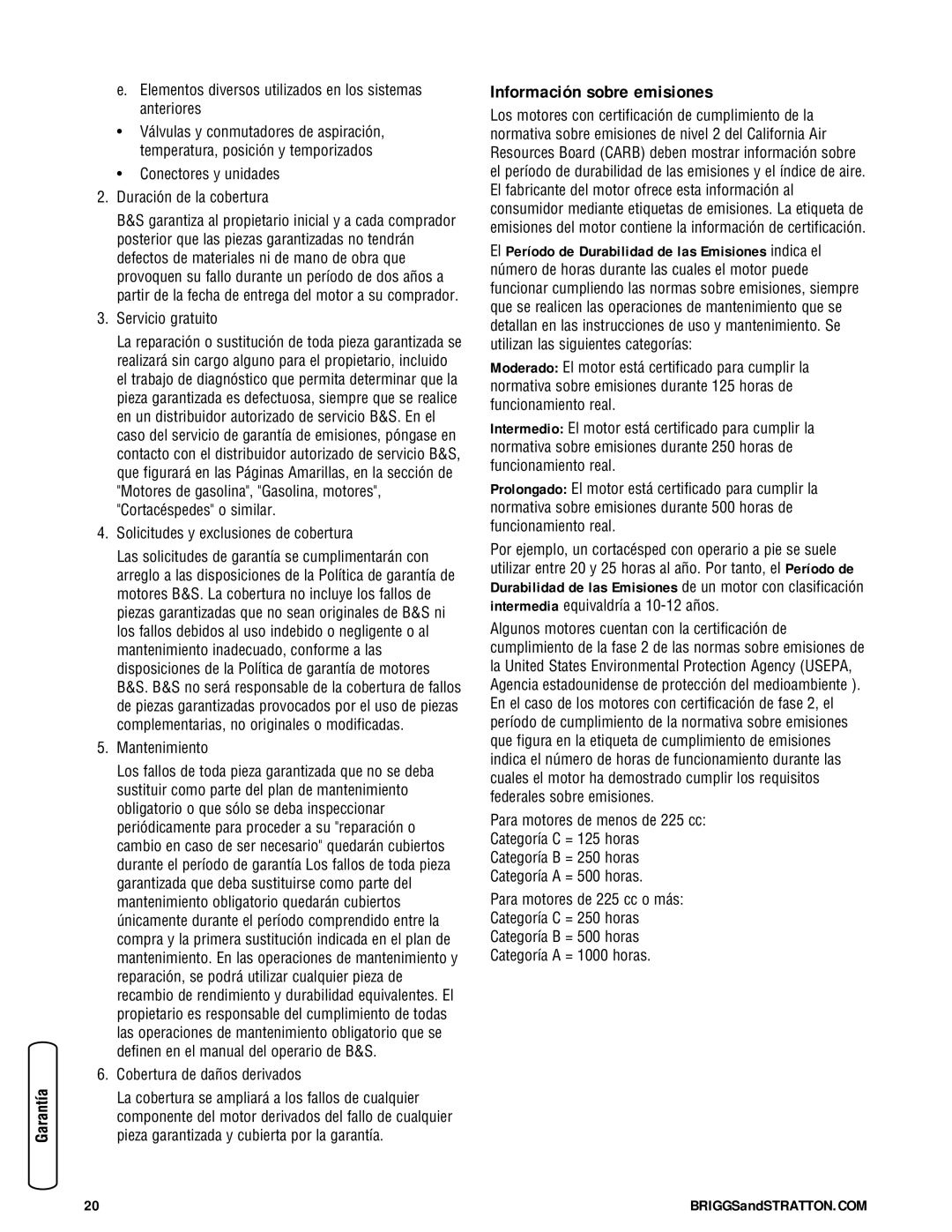 Briggs & Stratton 030248-0 manual Información sobre emisiones 