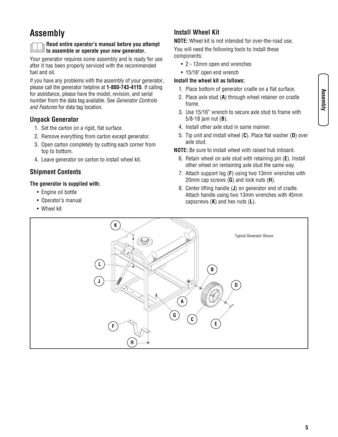 Briggs & Stratton 030248-0 manual Assembly, Unpack Generator, Install Wheel Kit, Shipment Contents 