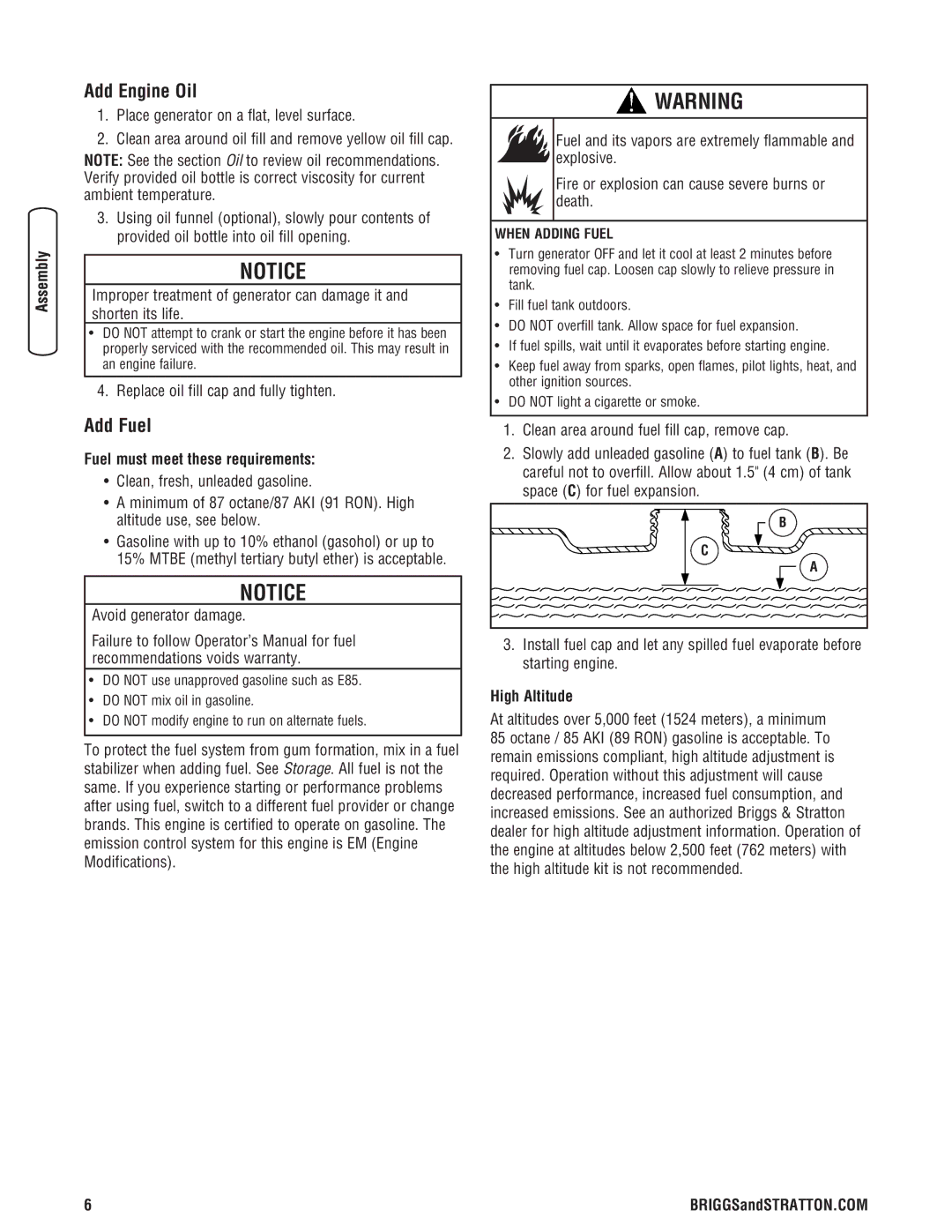 Briggs & Stratton 030248-0 manual Add Engine Oil, Add Fuel, Fuel must meet these requirements, High Altitude 