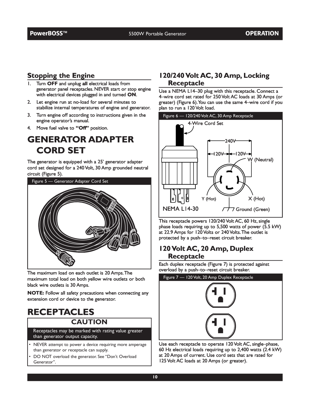 Briggs & Stratton 030249 Generator Adapter Cord Set, Receptacles, Stopping the Engine, Volt AC, 20 Amp, Duplex Receptacle 