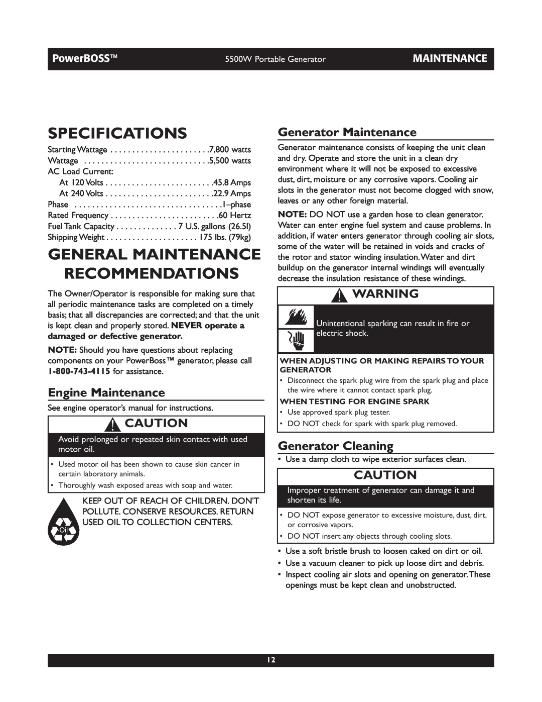 Briggs & Stratton 030249 Specifications, General Maintenance Recommendations, Engine Maintenance, Generator Maintenance 