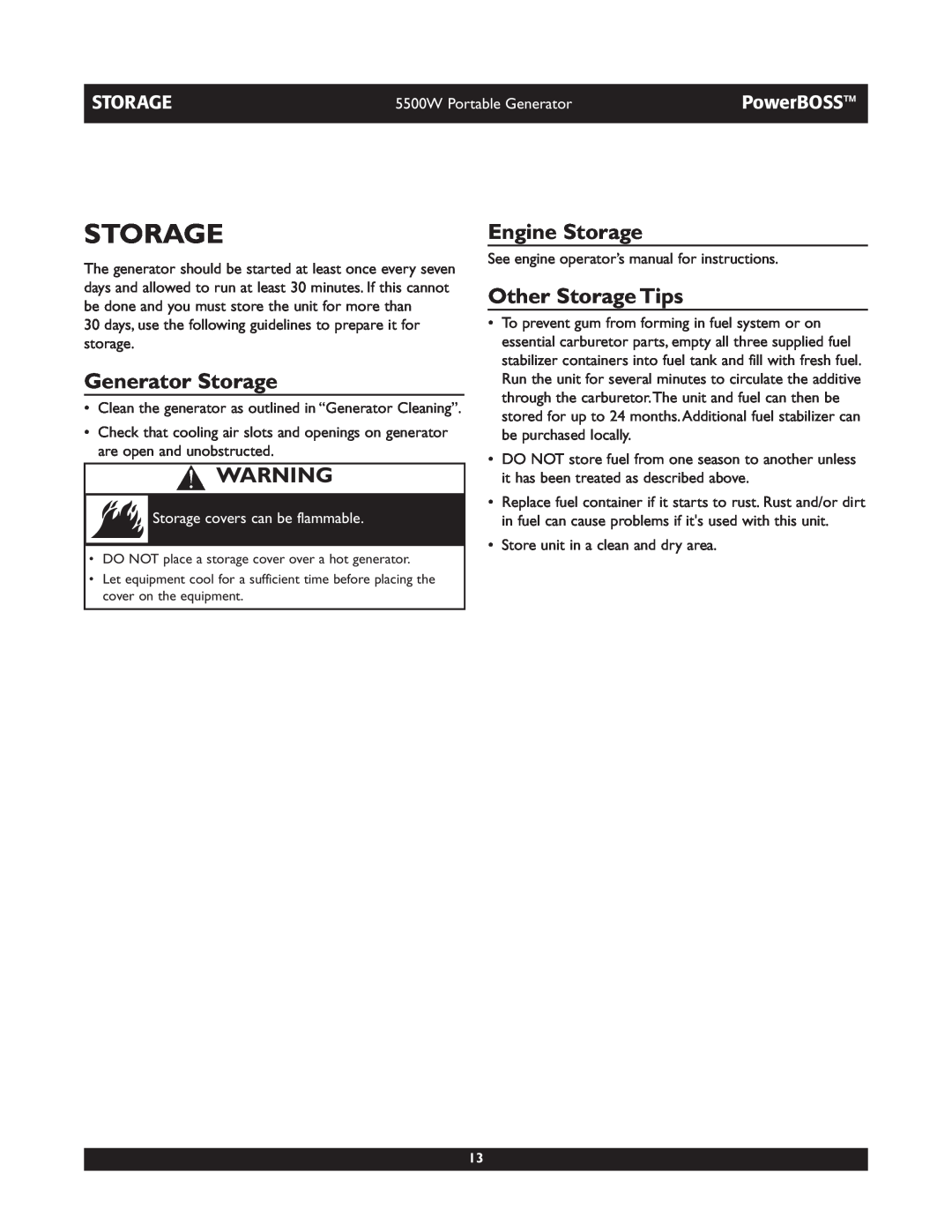 Briggs & Stratton 030255 manual Generator Storage, Engine Storage, Other Storage Tips, Storage covers can be flammable 