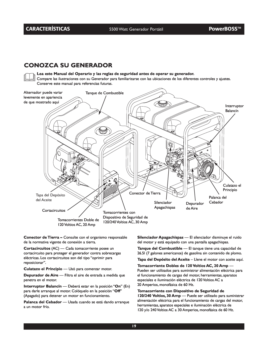 Briggs & Stratton 030255, 030249 manual Conozca Su Generador, Características, PowerBOSS, Watt Generador Portátil 