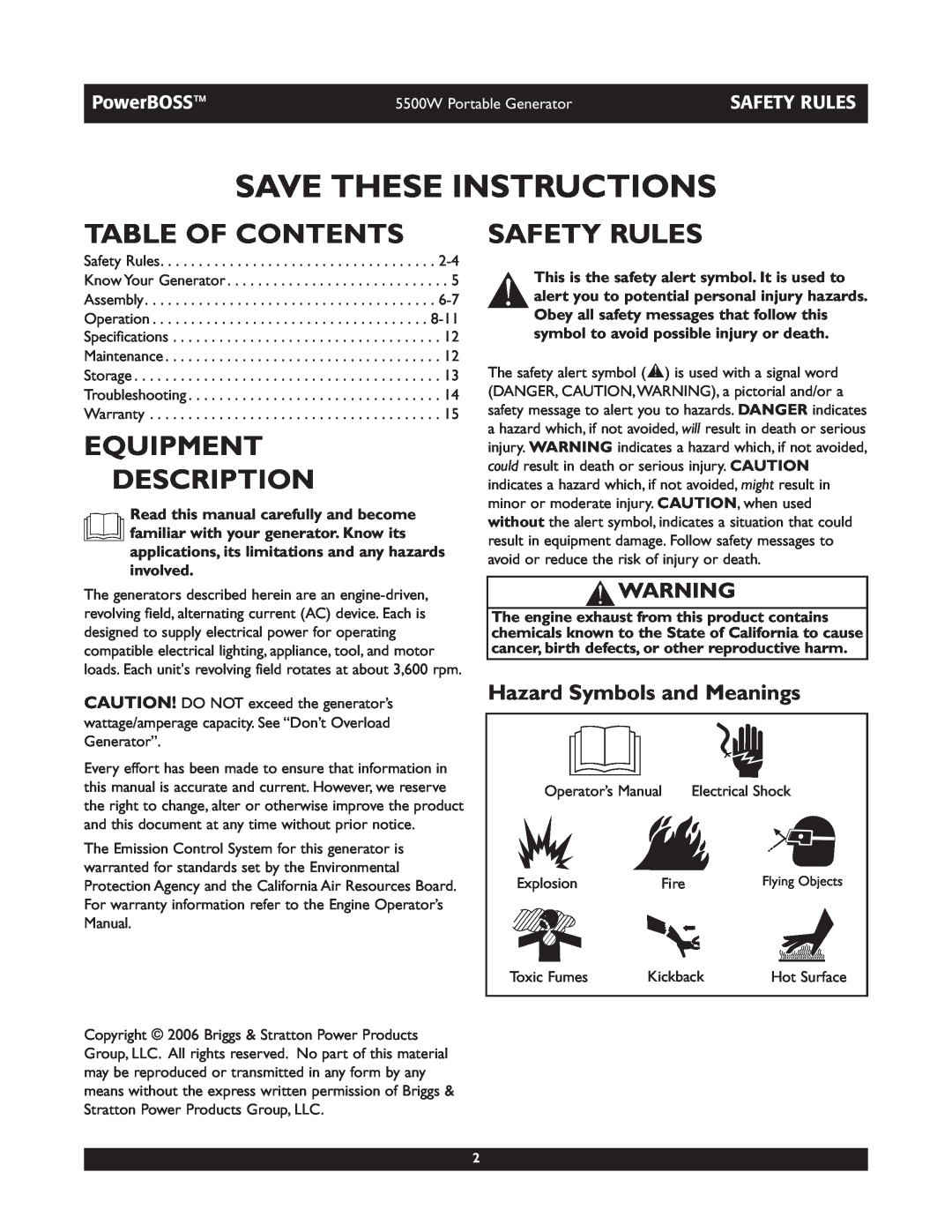 Briggs & Stratton 030249 Table Of Contents, Equipment Description, Safety Rules, Hazard Symbols and Meanings, PowerBOSS 