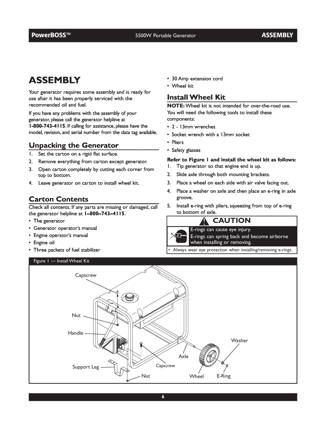 Briggs & Stratton 030249, 030255 manual Assembly, Unpacking the Generator, Carton Contents, Install Wheel Kit, PowerBOSS 