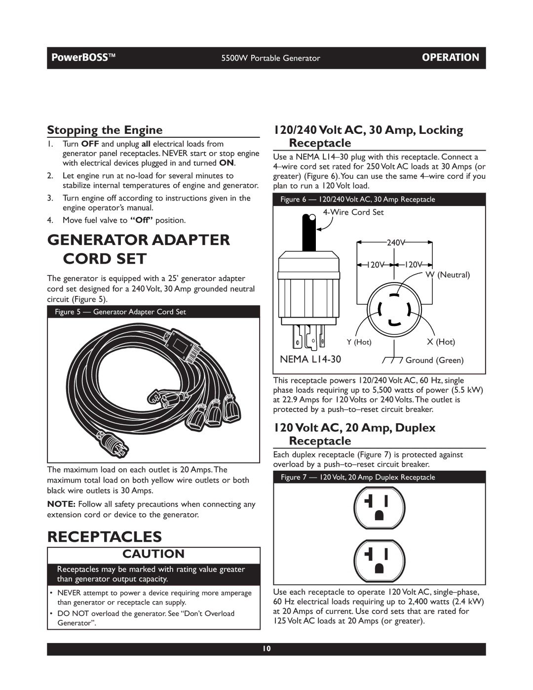 Briggs & Stratton 030249 Generator Adapter Cord SET, Receptacles, Stopping the Engine, Volt AC, 20 Amp, Duplex Receptacle 