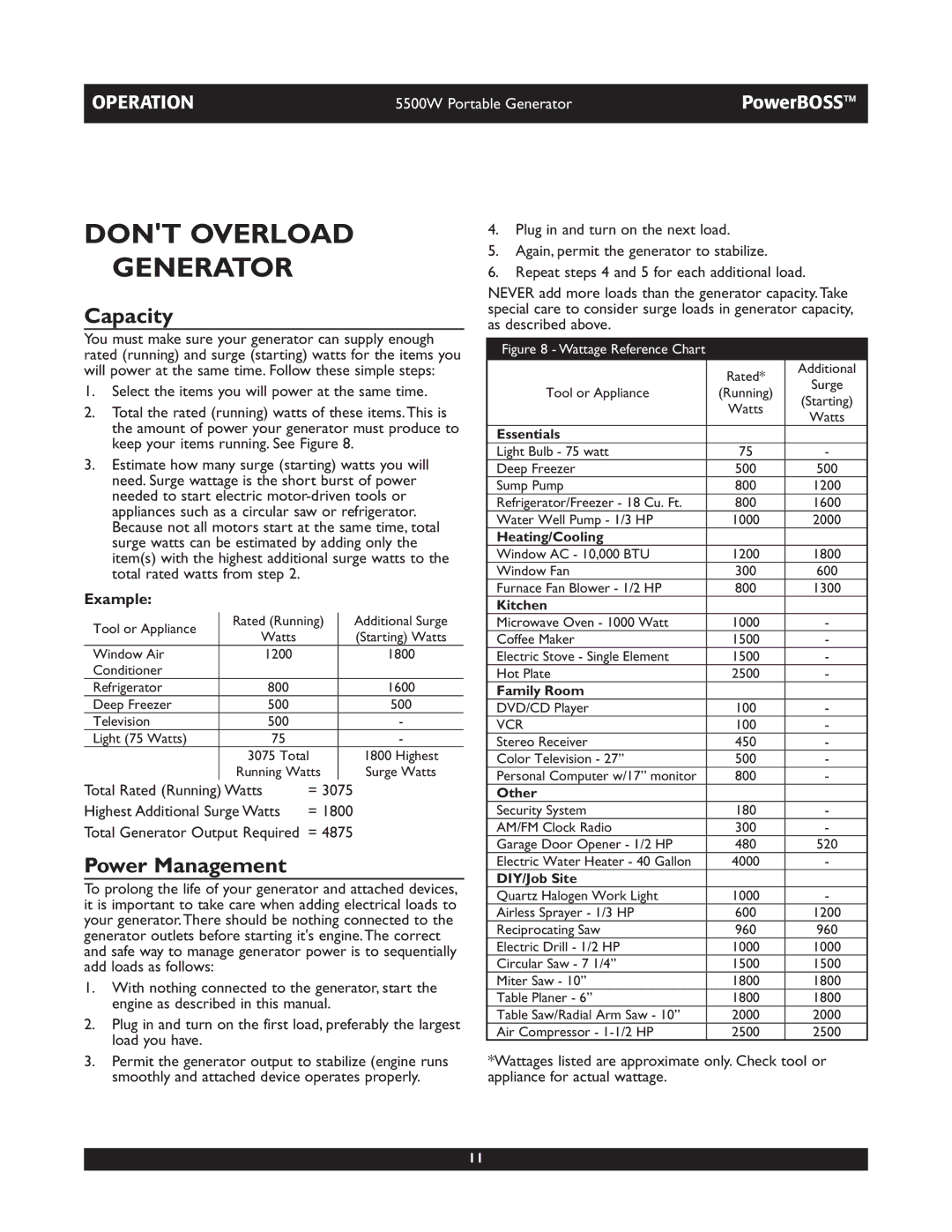 Briggs & Stratton 030255, 030249 manual Dont Overload Generator, Capacity, Power Management, Example 