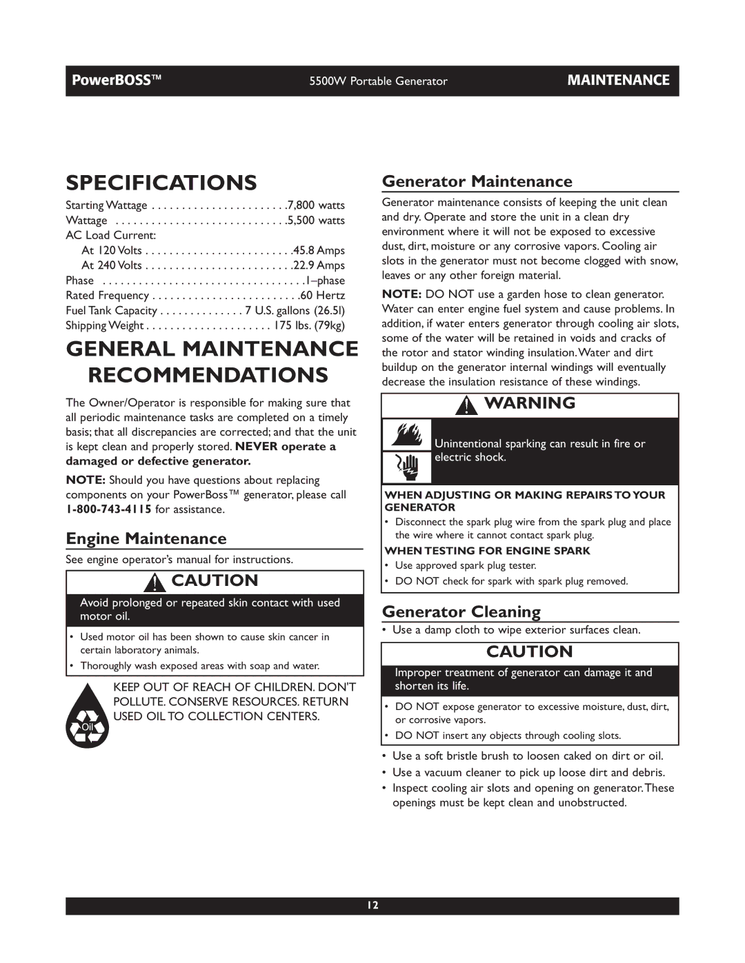 Briggs & Stratton 030249 Specifications, General Maintenance Recommendations, Engine Maintenance, Generator Maintenance 